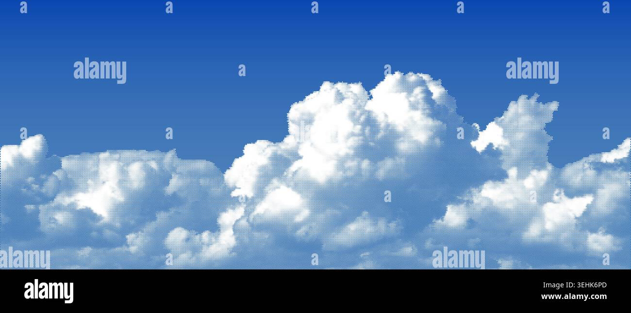Dotted halftone clouds on blue sky background, vector white textured retro abstract cloudscape for collages Stock Vector