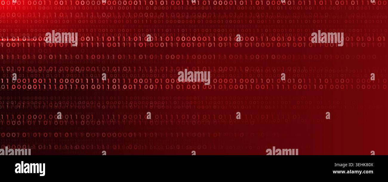 Virus Code Flow Red Binary Code Bug Cyber Attack Pattern. Malware Attack Ransomware Warning Background. Computer Hacking Cyber Security Breach. AI Stock Vector