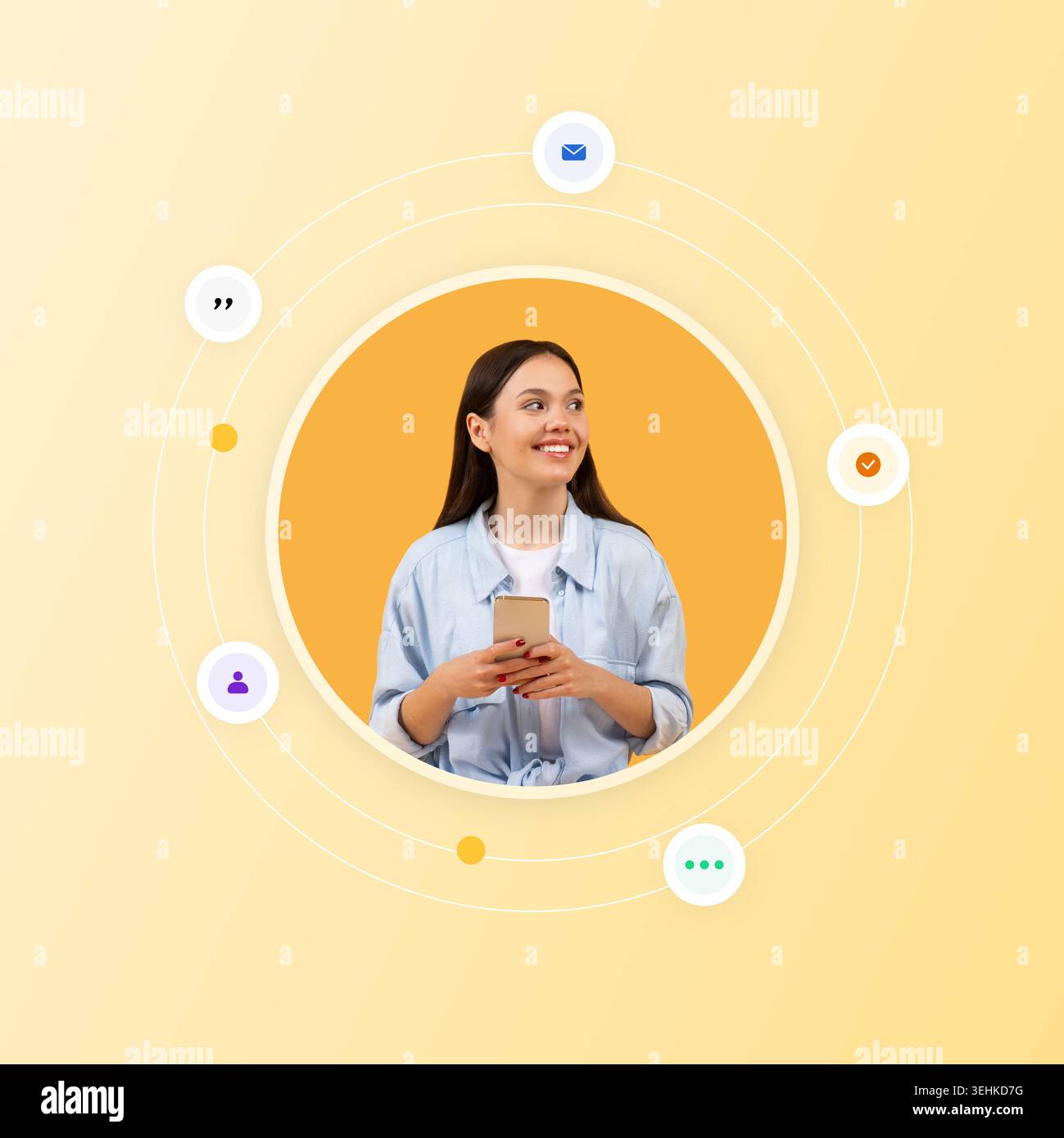 Young Woman Using Smartphone With Social Media Icons in Background Showing Digital Communication Stock Photo