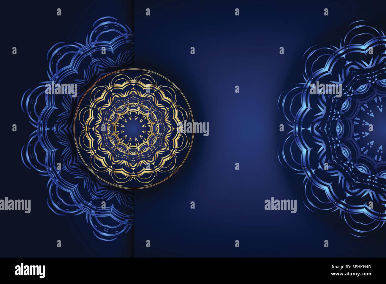 Symmetrical Mandala Pattern On Deep Blue Background With Radiating Swirls Stock Vector