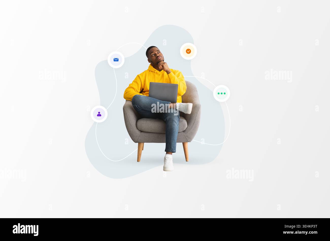 Person Sitting in Chair Thinking While Using Laptop With Icons Around Them Stock Photo