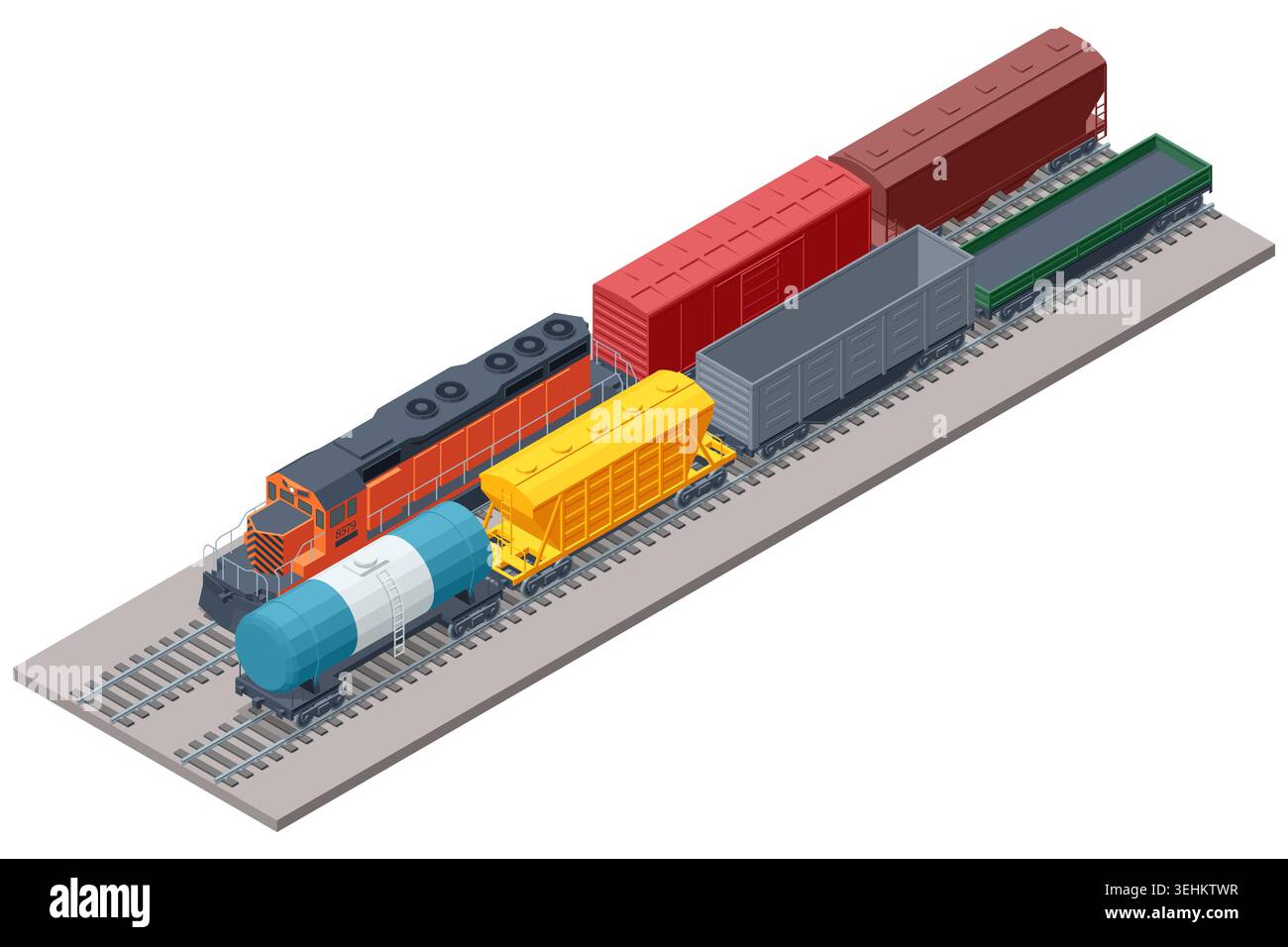 Freight Train Shape Large isometric freight train with an orange locomotive and various ...