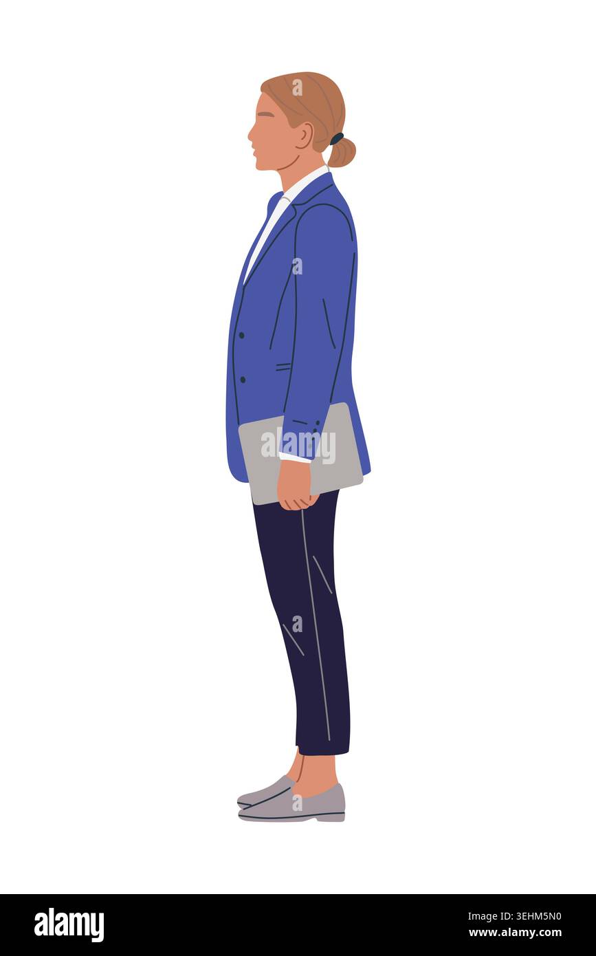 Business woman stands side view holding folder Stock Vector