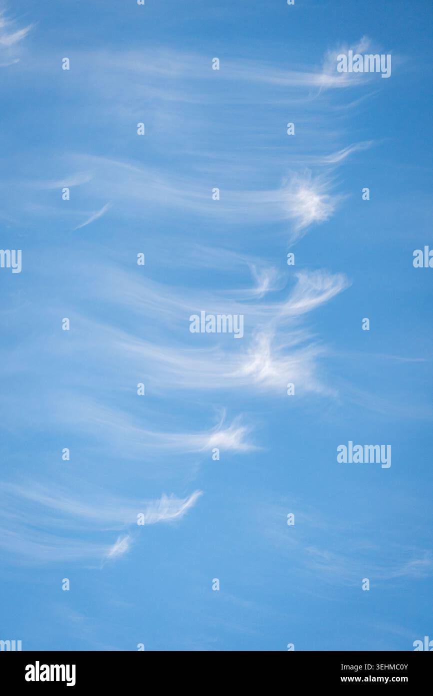 Cirrus clouds forming wispy streaks in blue sky Stock Photo
