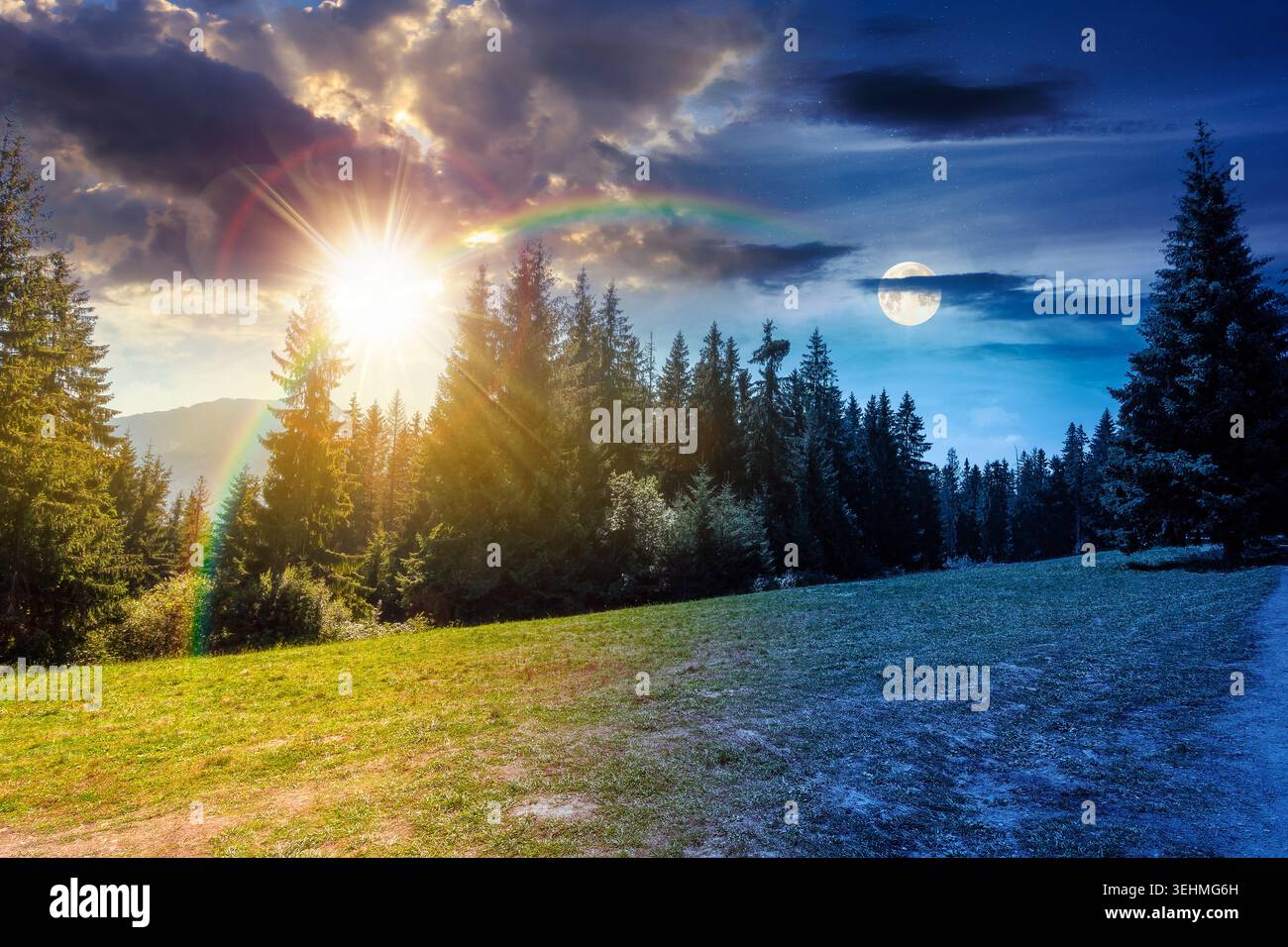 landscape with coniferous forest in summer. day meet night. scenic view of mountain landscape in poland. sun and moon in harmony over spruce trees on Stock Photo