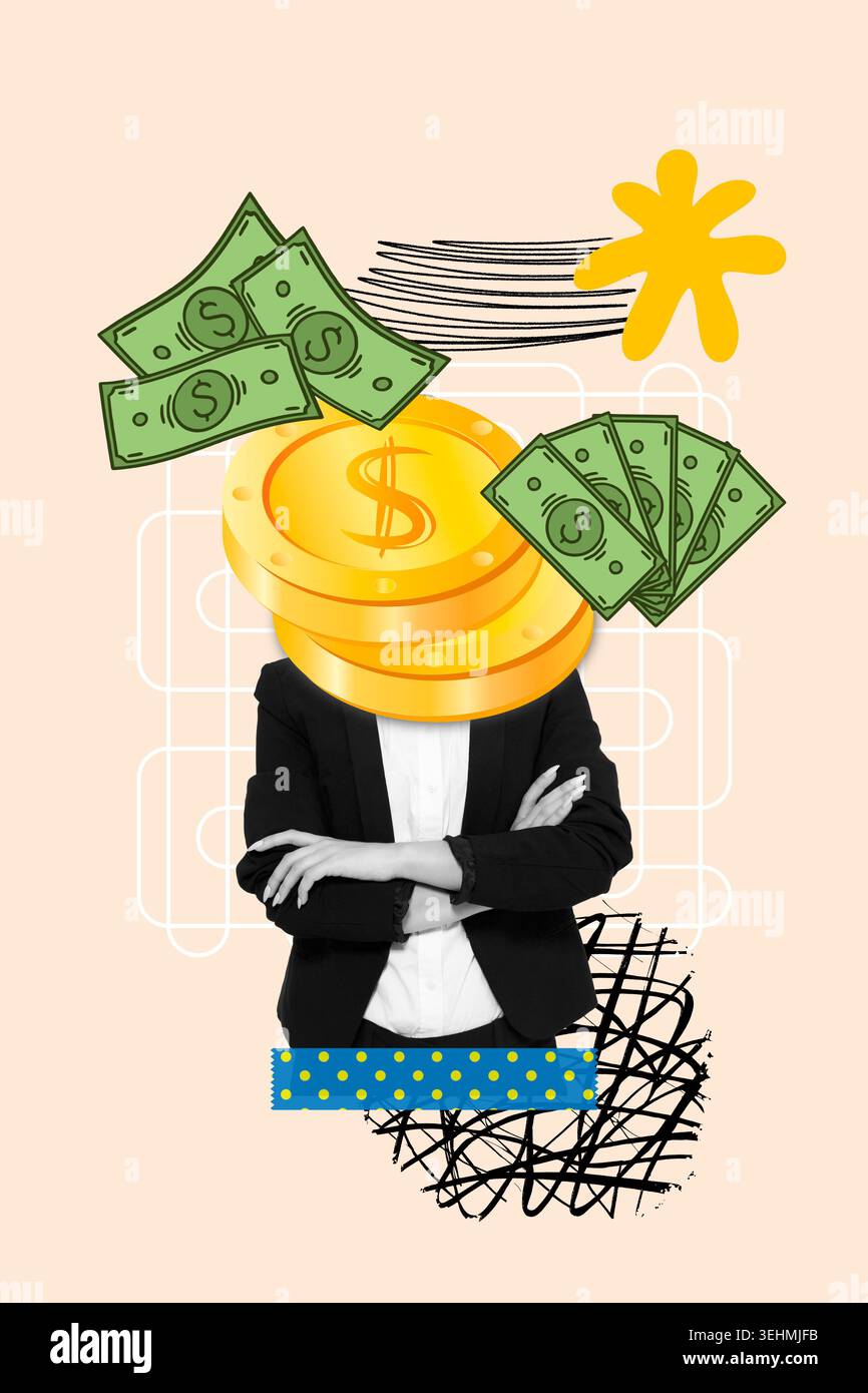 Collage of a businesswoman with arms crossed with coins and bills on a pink background Stock Photo