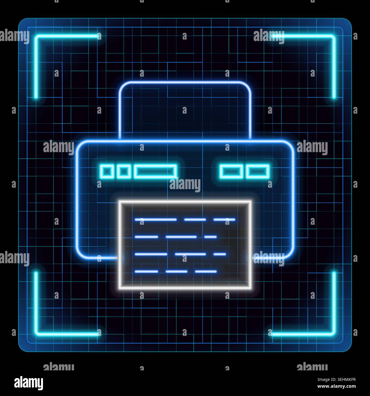 Neon blue printer icon with grid background. Document emerging from printer. Futuristic digital design. Stock Vector