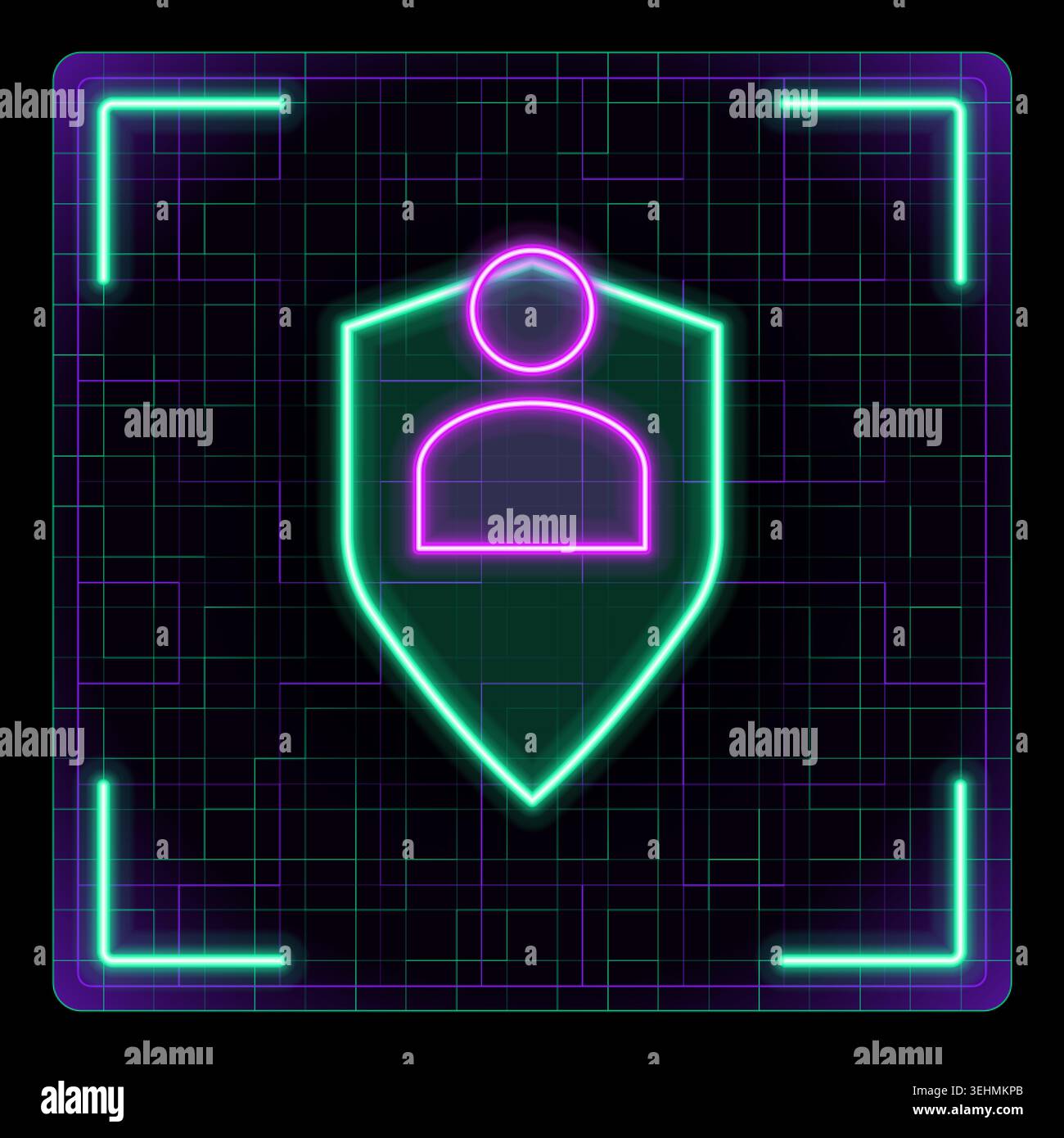 User security concept symbol, profile icon and shield illustration. Glowing neon icon with border grid vector, editable strokes graphic style. Stock Vector
