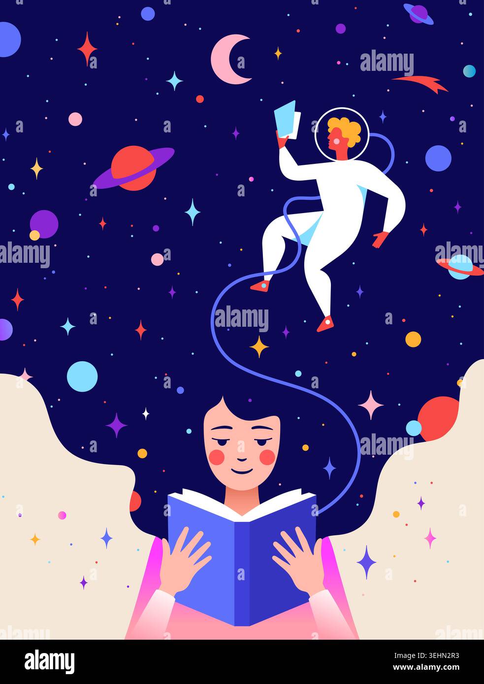 Book, Imagination, Dreams. Girl reading Stock Vector