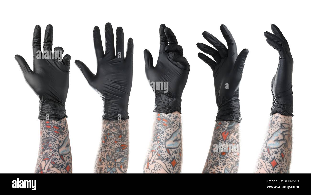 Man showing his tattooed hand on white background, set Stock Photo