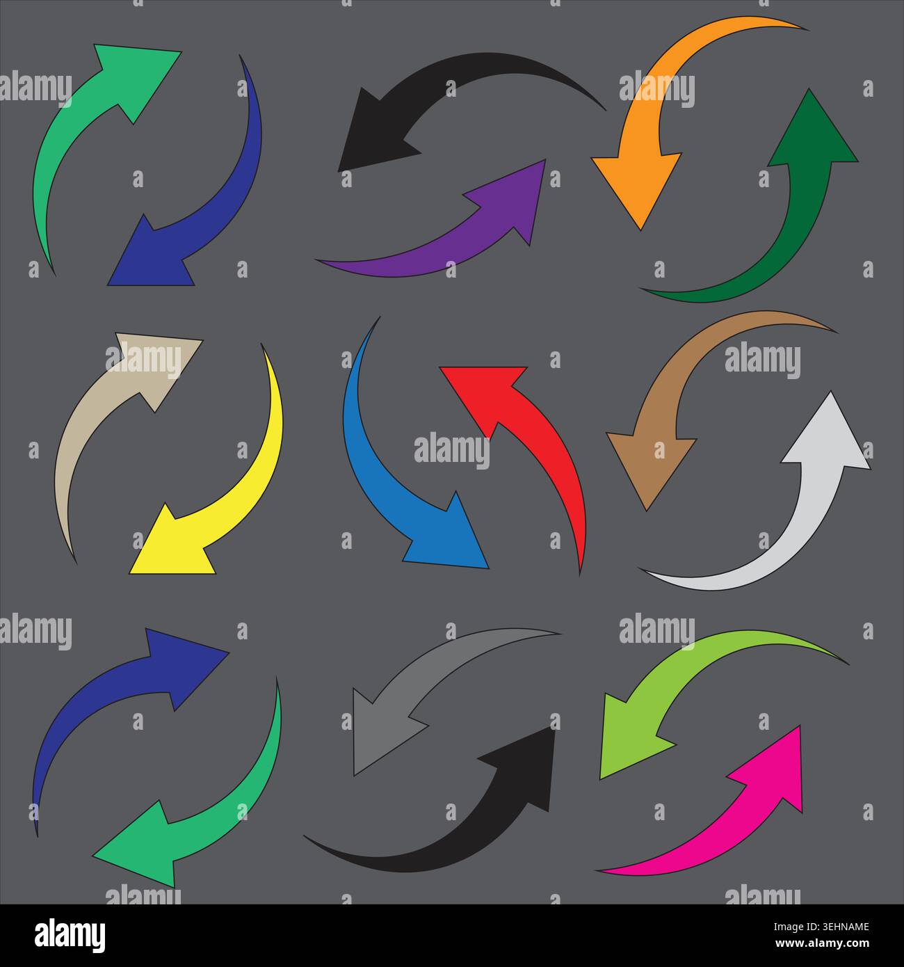 Colorful Curved Arrow Icons Set on Dark Background for Design Elements, vector illustration Stock Vector