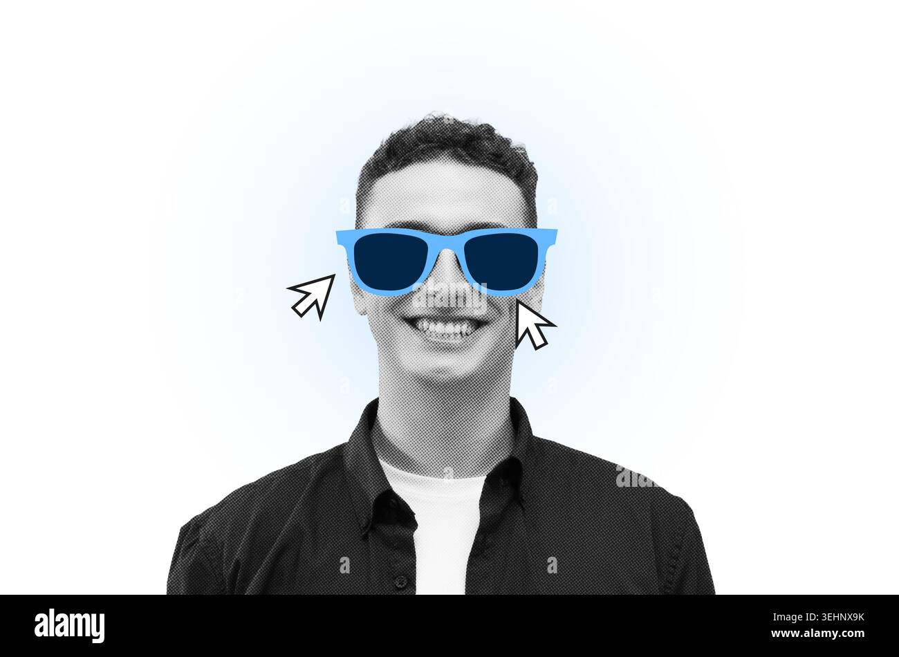 Young Man Wearing Blue Sunglasses With Cursor Icons on a Plain Background Stock Photo