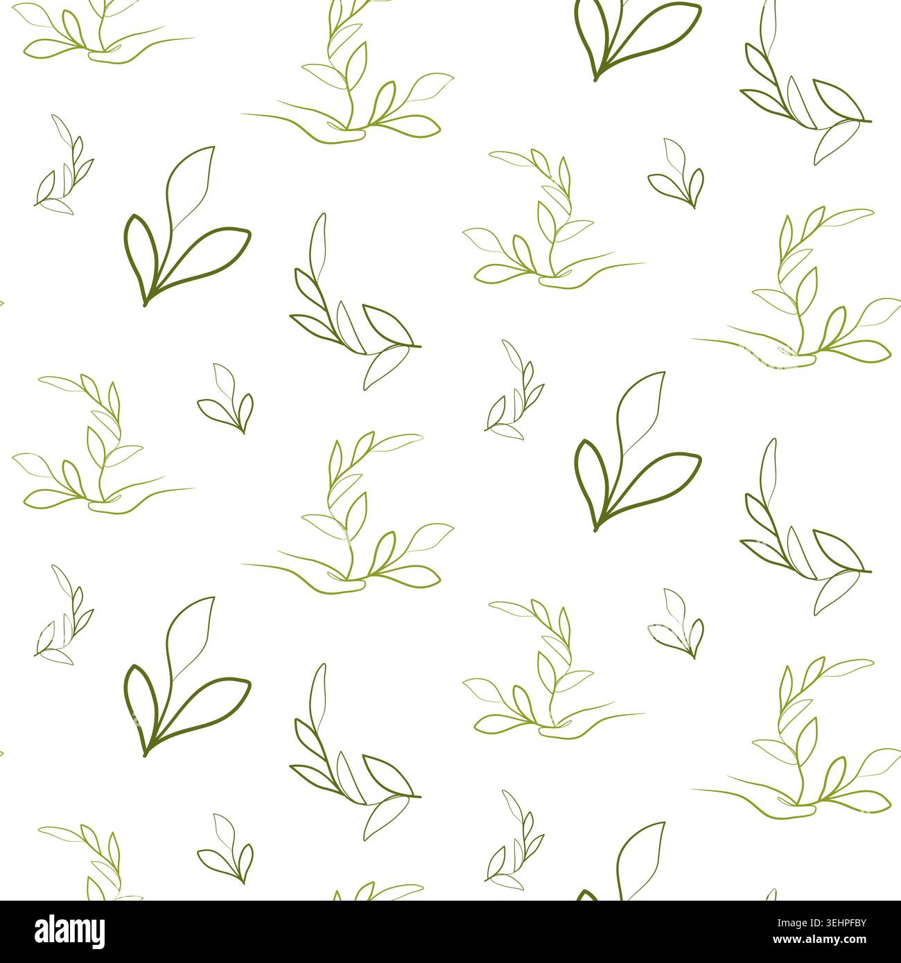 A seamless repeating pattern features delicate line art drawings of hands gently holding leafy branches. Stock Vector