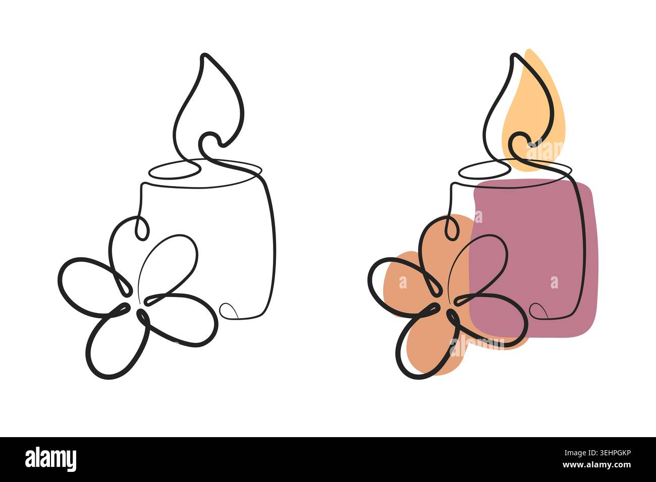 Two single line art illustrations showcase a lit candle alongside a flower. Stock Vector