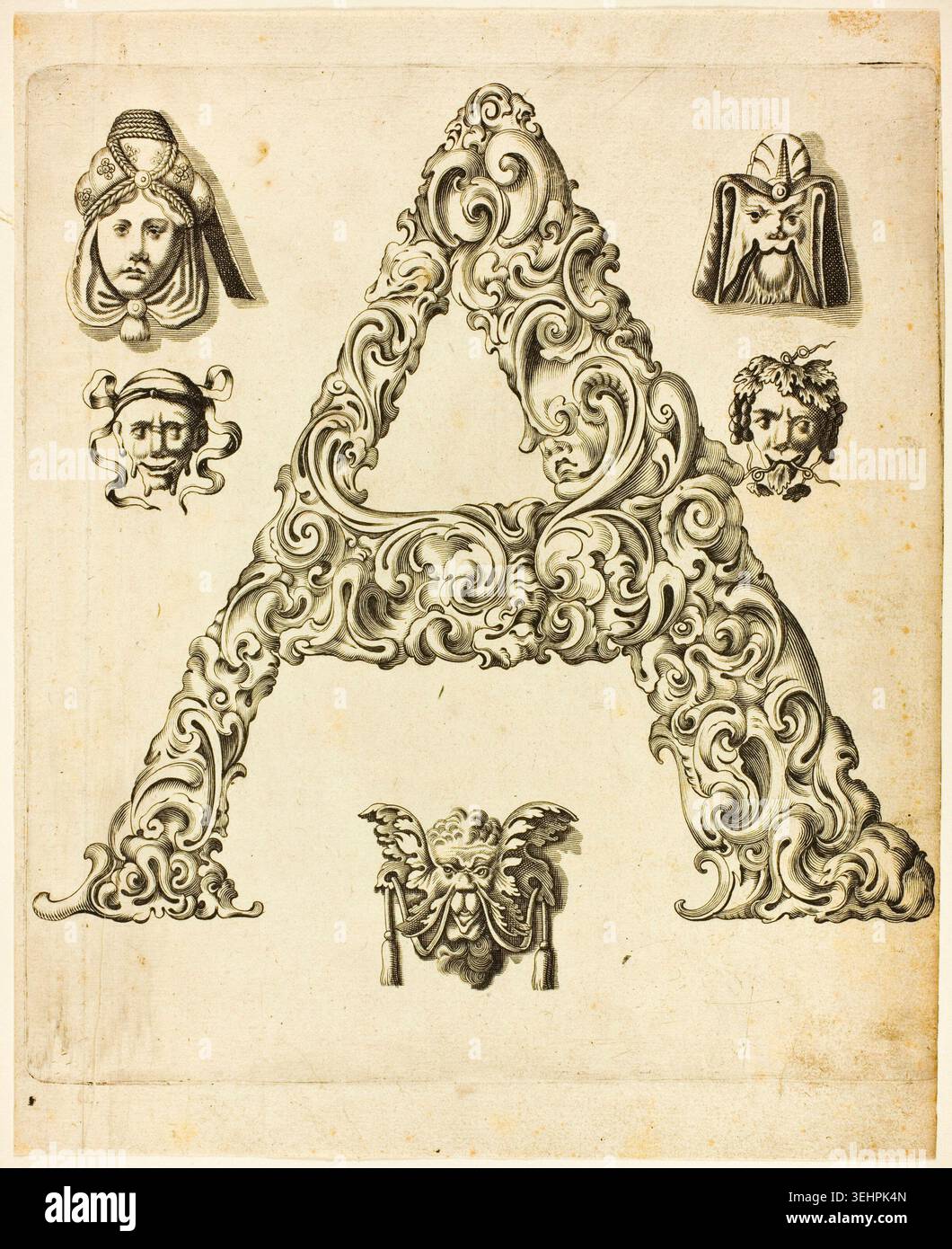 Flanked Letter Letter A by Peter Aubry, 1630, an ornamental initial letter composed of ...