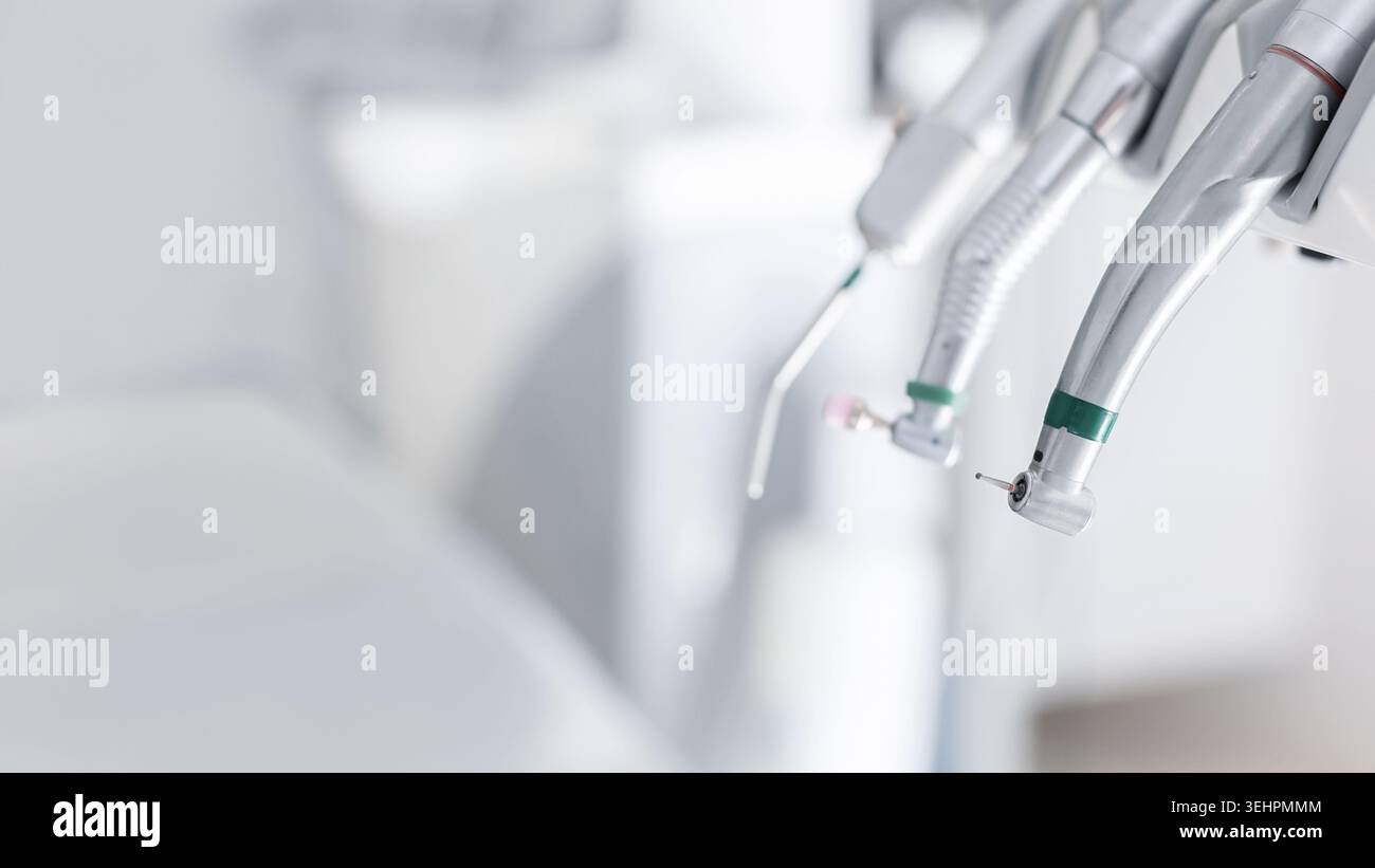 Different dental instruments and tools in dentist office Stock Photo