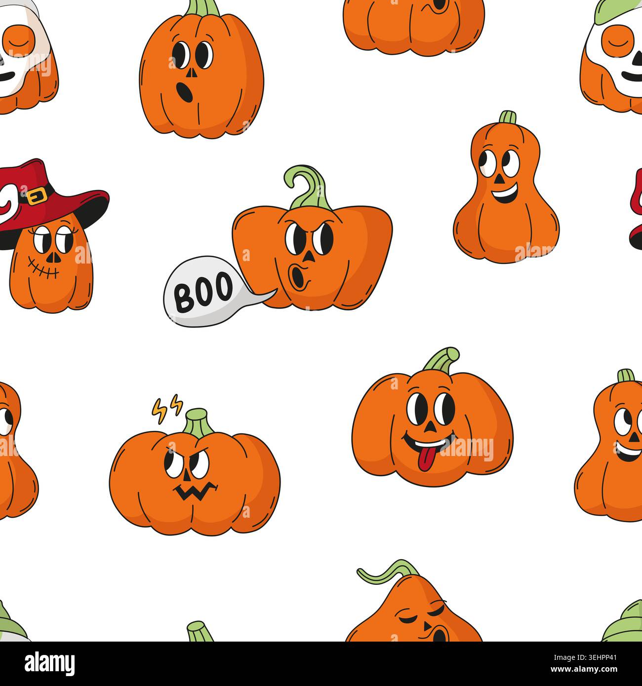 Halloween pumpkins seamless pattern. Groovy pumpkin different emotions. Autumn harvest festival, agriculture, farming. Cartoon print template, vector Stock Vector