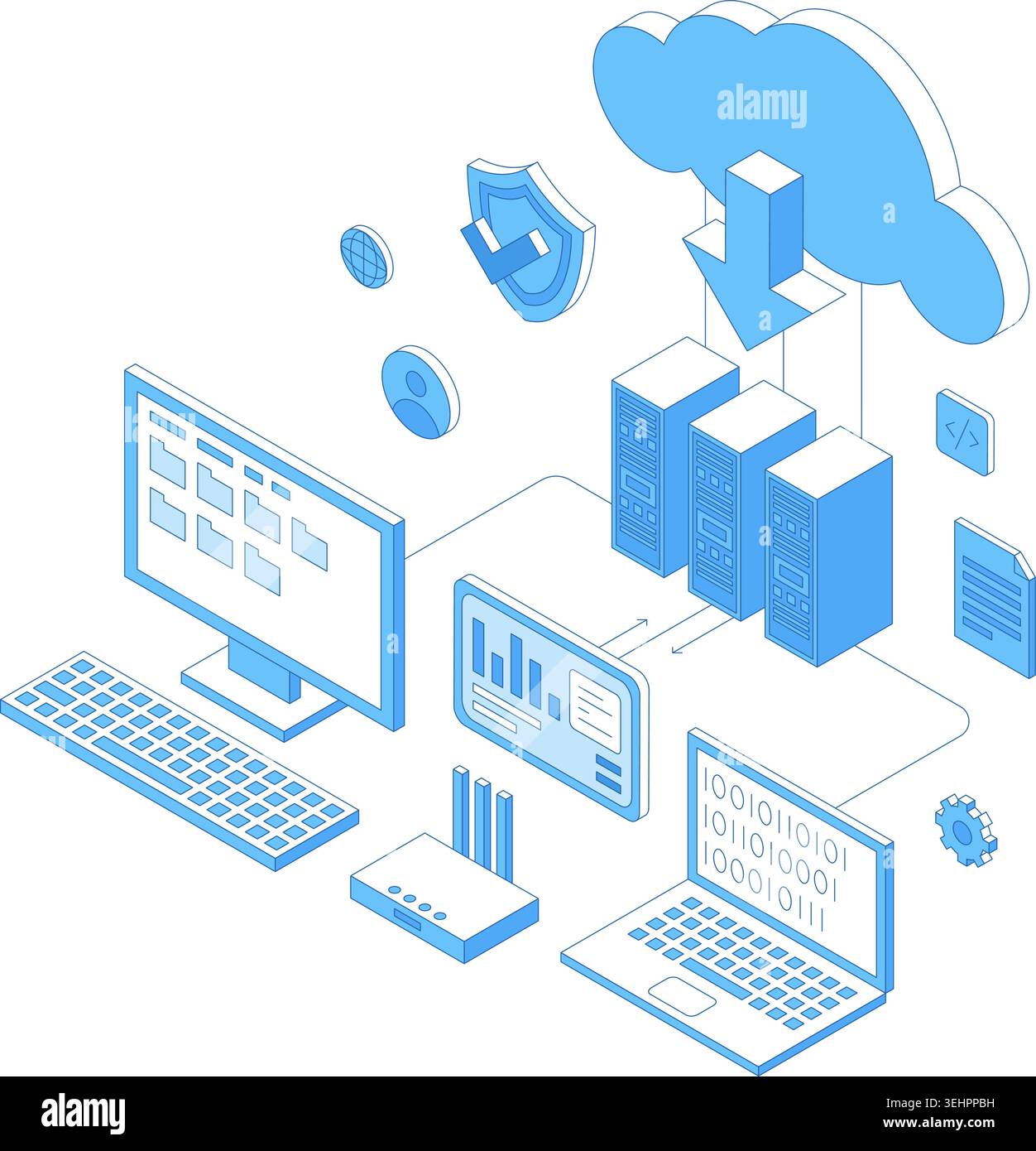 Isometric cloud data transfer. Connecting computer, laptop and tablet with wireless technologies. Smart devices, download upload process, nifty vector Stock Vector