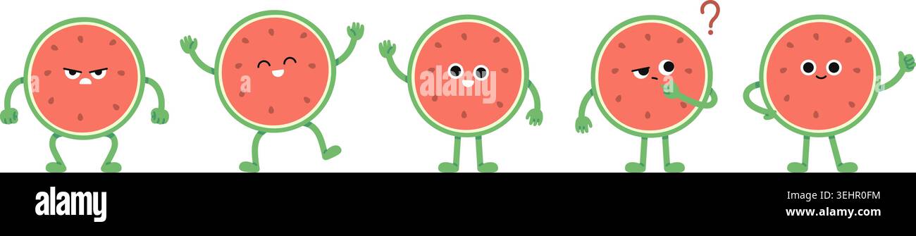 Funny watermelon characters. Half watermelons thinking, angry, laughing, joy. Fun sweet juicy food, vegan nutrition, raw summer ingredients, vector Stock Vector