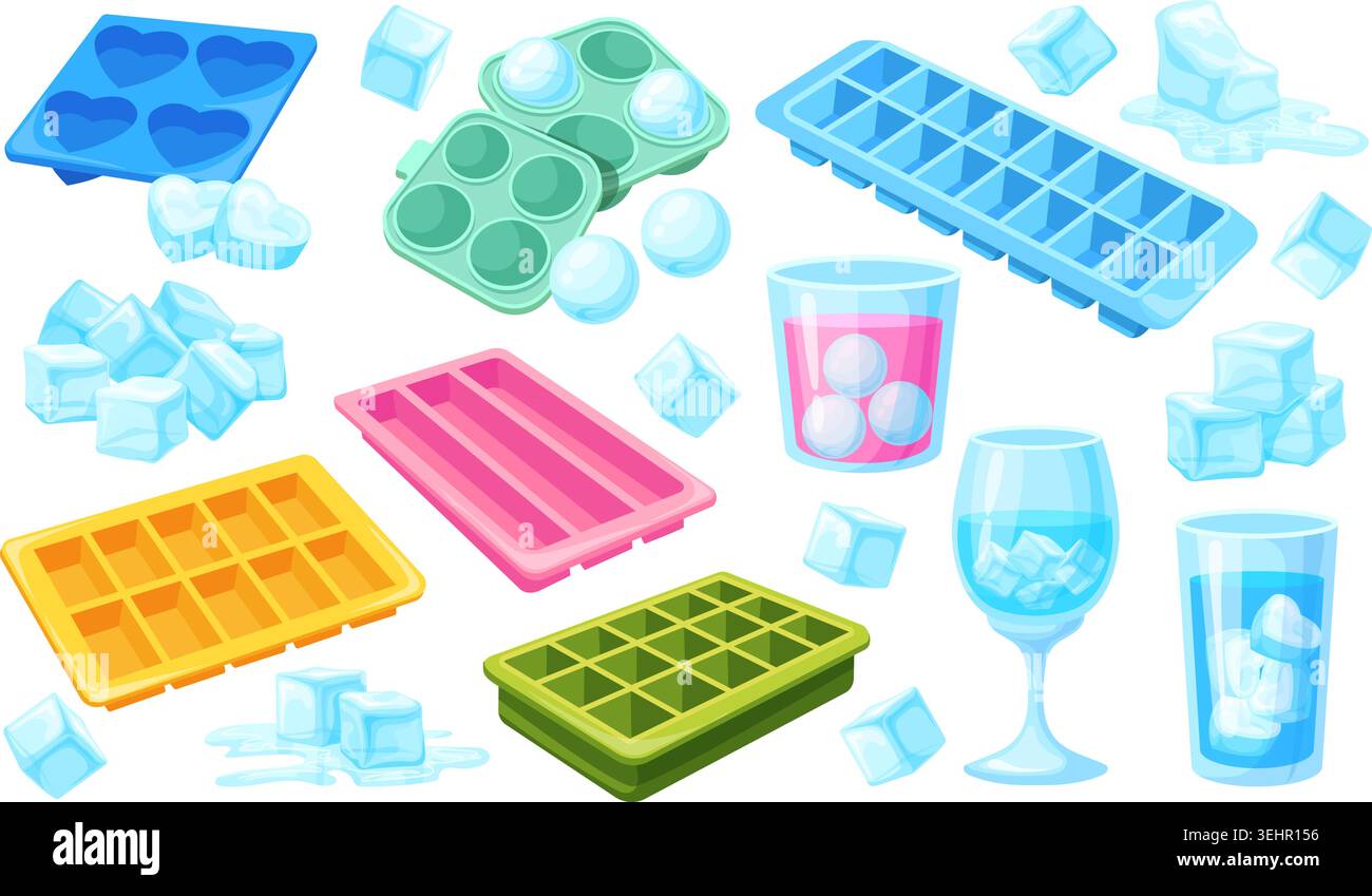 Ice cubes molds. Frozen water in plastic mold tray, solid icecube square round icy cube frosty drink glass kitchen freezing form container cartoon isolated neat vector illustration original artwork Stock Vector