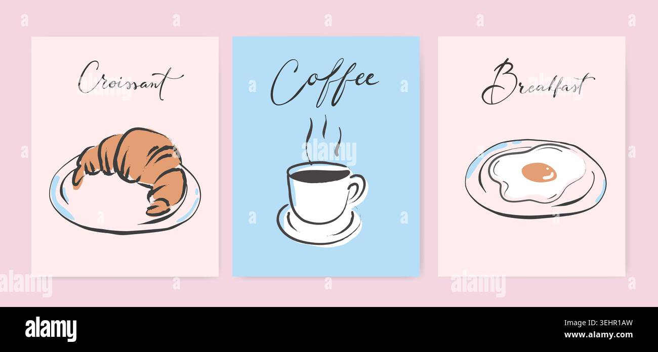 Retro coffee posters with espresso cups, croissants, egg and lettering. Good for interior wall art decor, cards, banners, wallpapers, prints, etc. EPS Stock Vector
