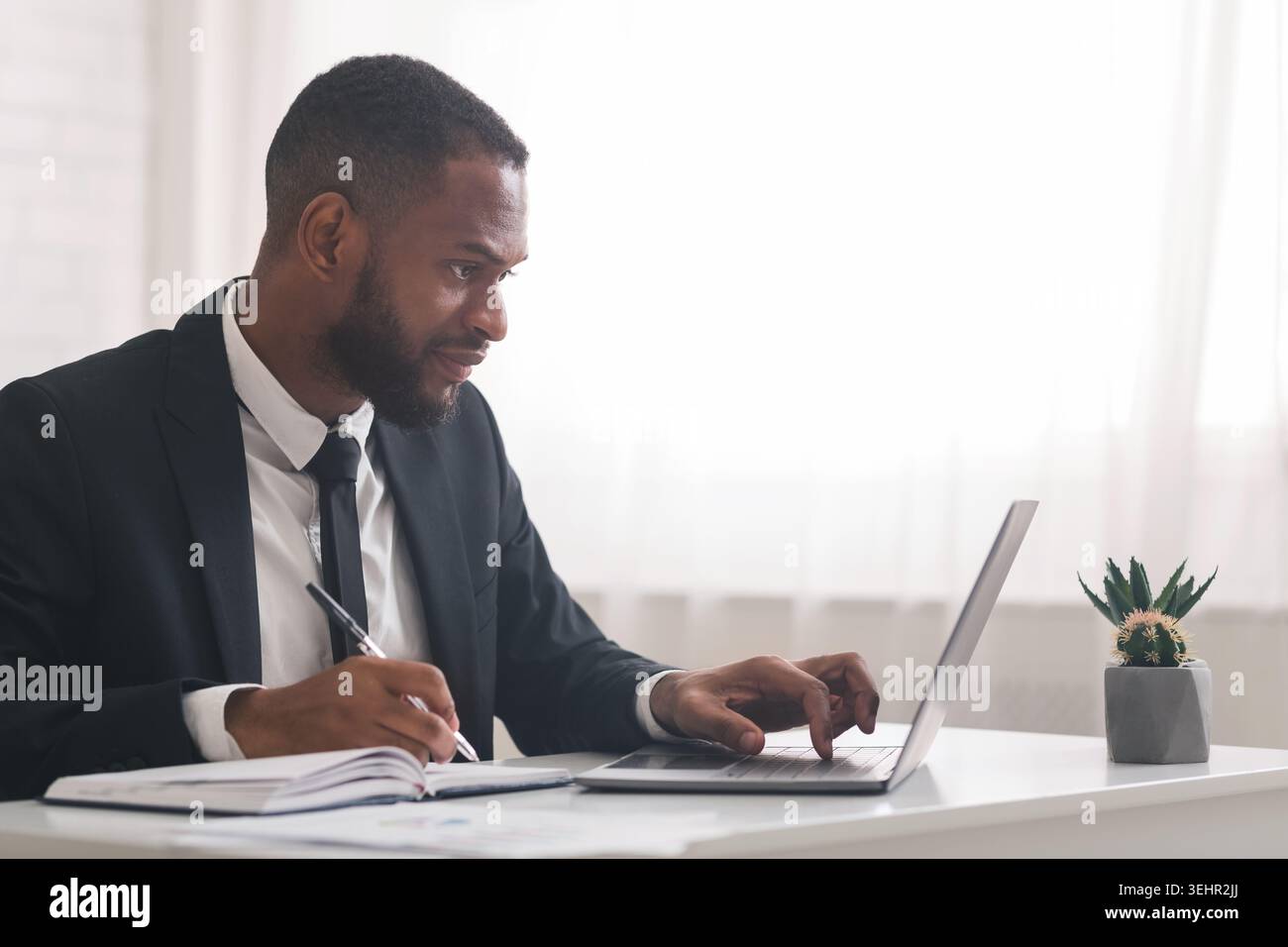 Concentrated business clerk making notes, using laptop Stock Photo