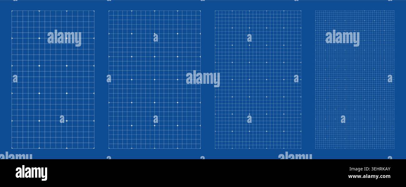 Blueprint grid set Star Line micro geometry, four scale variations. Wide medium dense micro spacing comparison, engineering layouts dashboards notebook pages interface systems technology graphics. Stock Vector