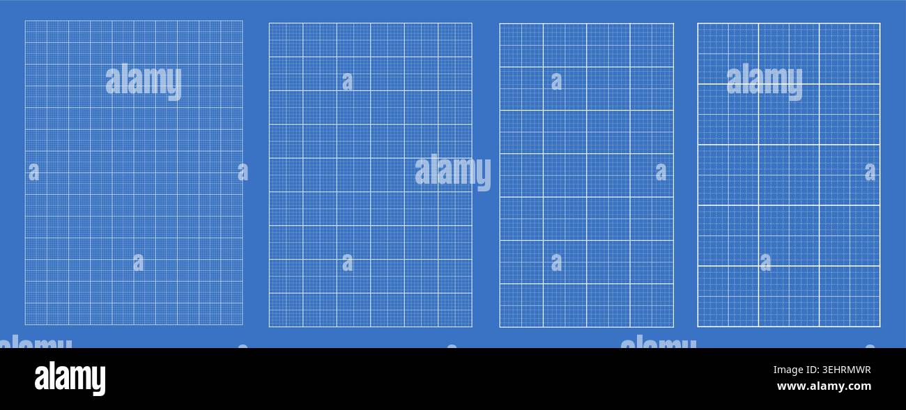 Blueprint grid set technical micro geometry, four scale variations. Wide medium dense micro spacing comparison, engineering layouts dashboards notebook pages interface planning technology graphics. Stock Vector
