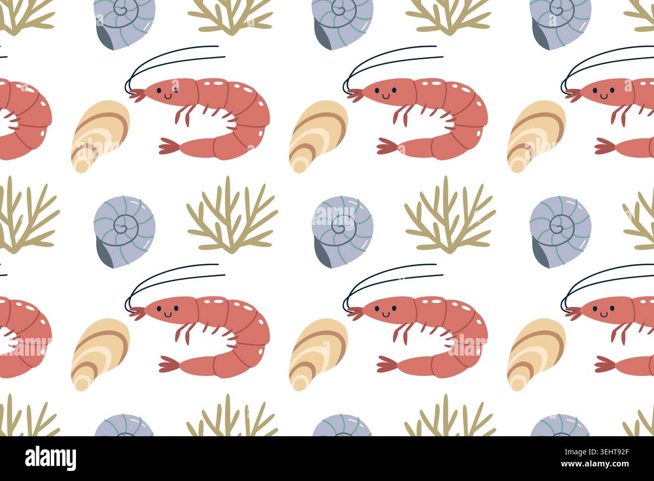 Cute Shrimp and Sea Shells Vector Seamless Pattern Stock Vector