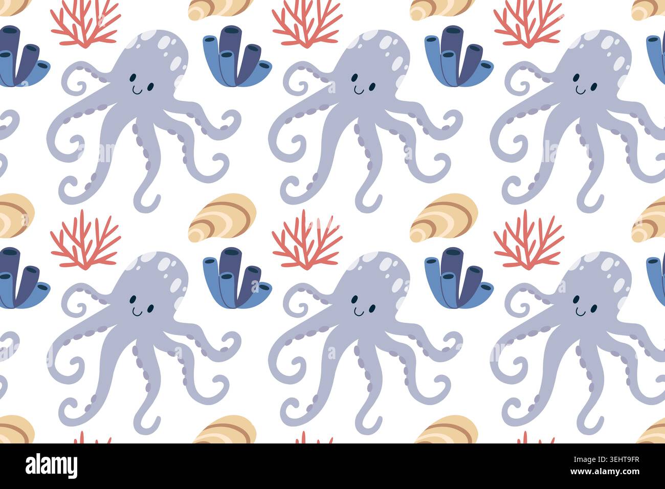 Cute Octopus and Coral Reef Vector Seamless Pattern Stock Vector