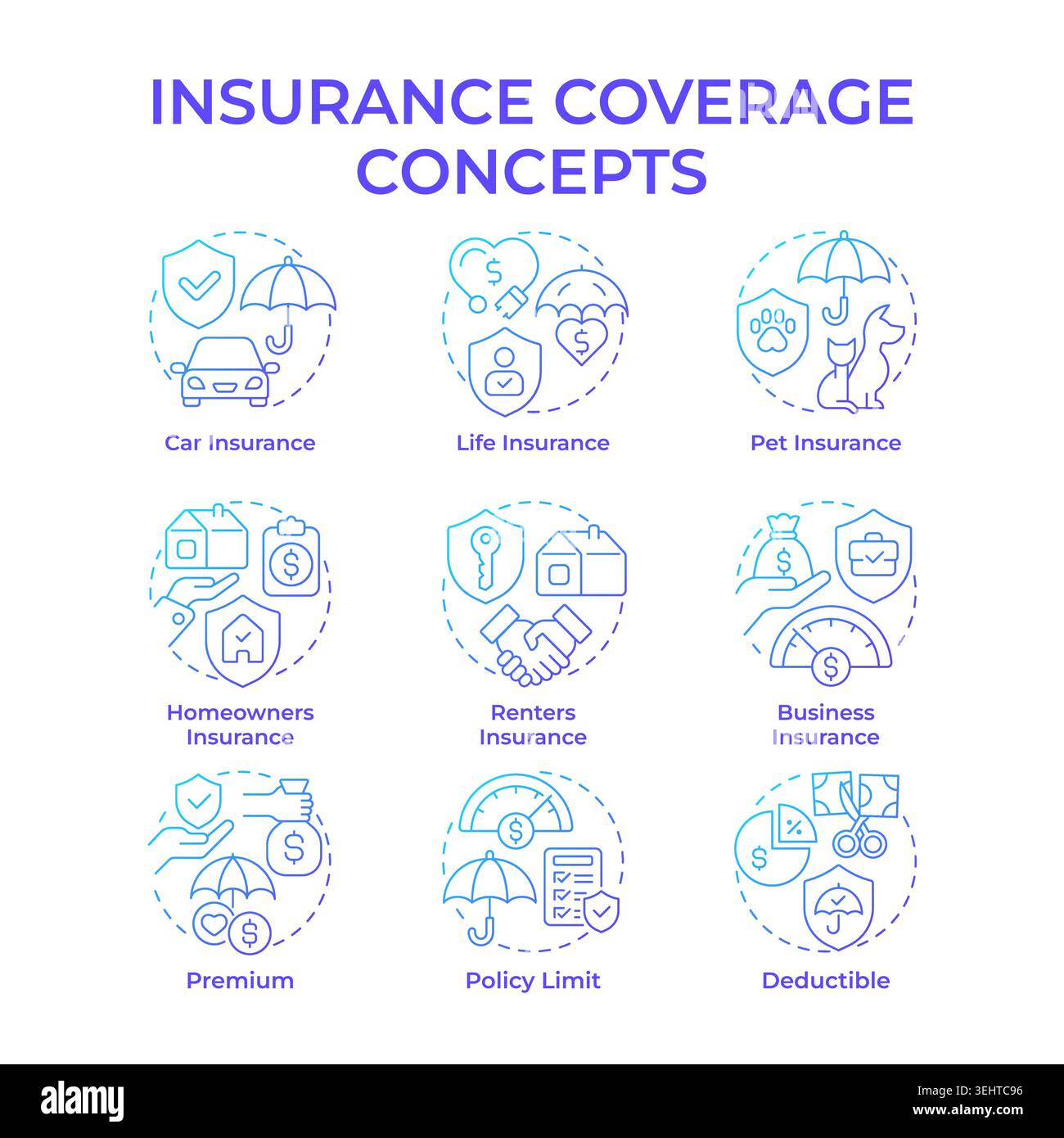 Insurance coverage blue gradient concept icons Stock Vector