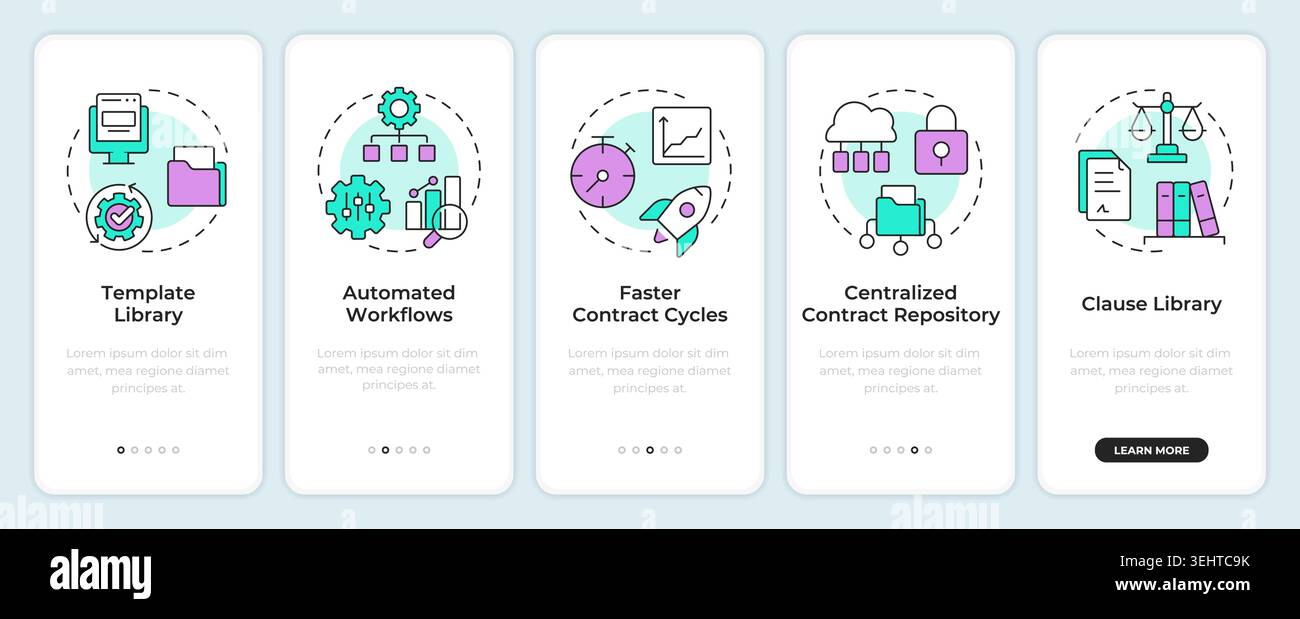 Legal software platform functions onboarding mobile app screen Stock Vector