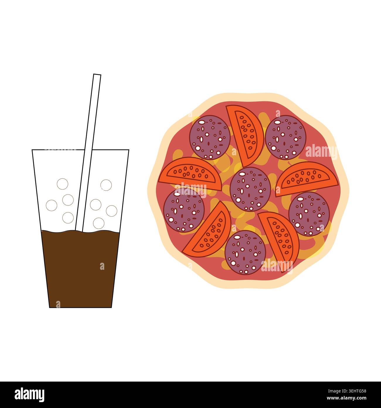 Traditional pepperoni pizza. Carbonated beverages Vector. Professional food collection. Tasty delicious snack set. Stock Vector