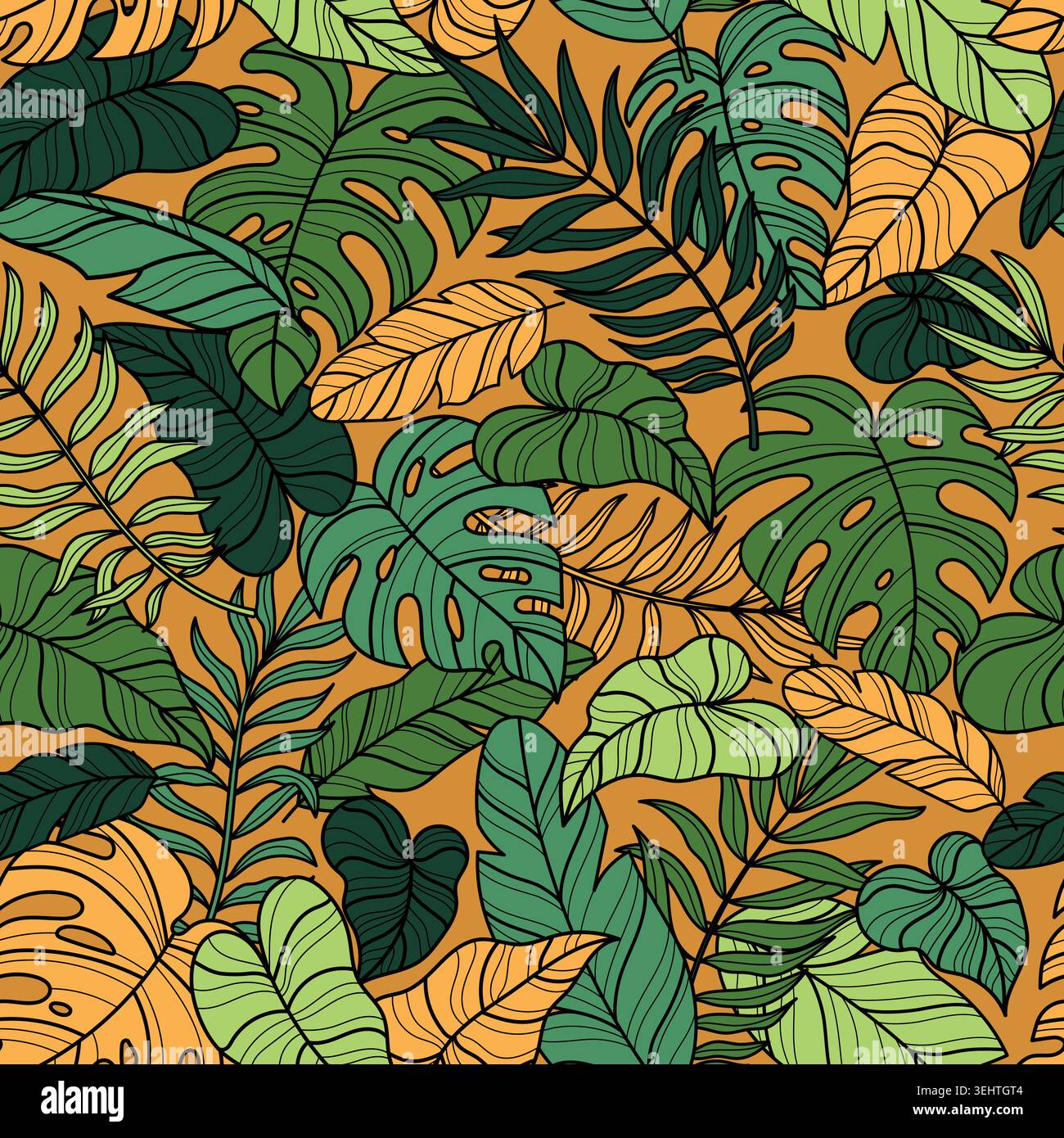 Seamless pattern with palm leaves on orange background Stock Vector