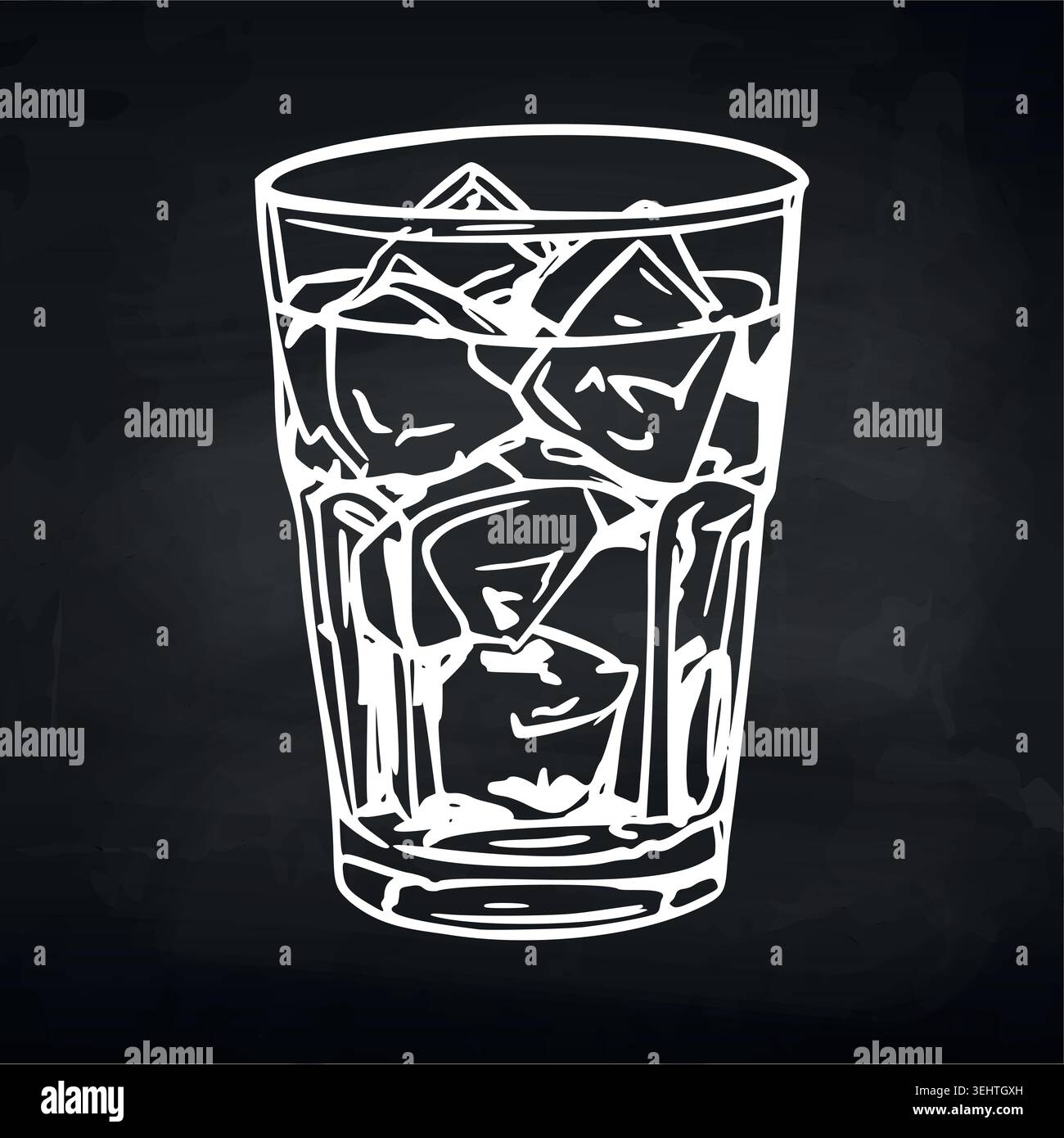 Chalk drawn whiskey glass with ice cubes on blackboard background Stock Vector