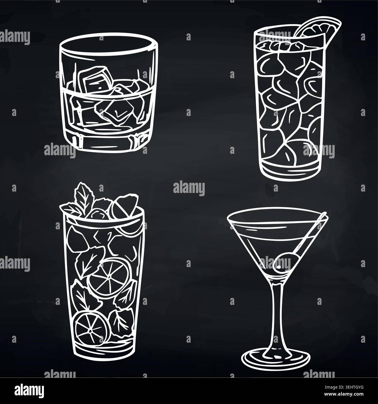 Chalk drawn assorted cocktail glasses on blackboard background Stock Vector