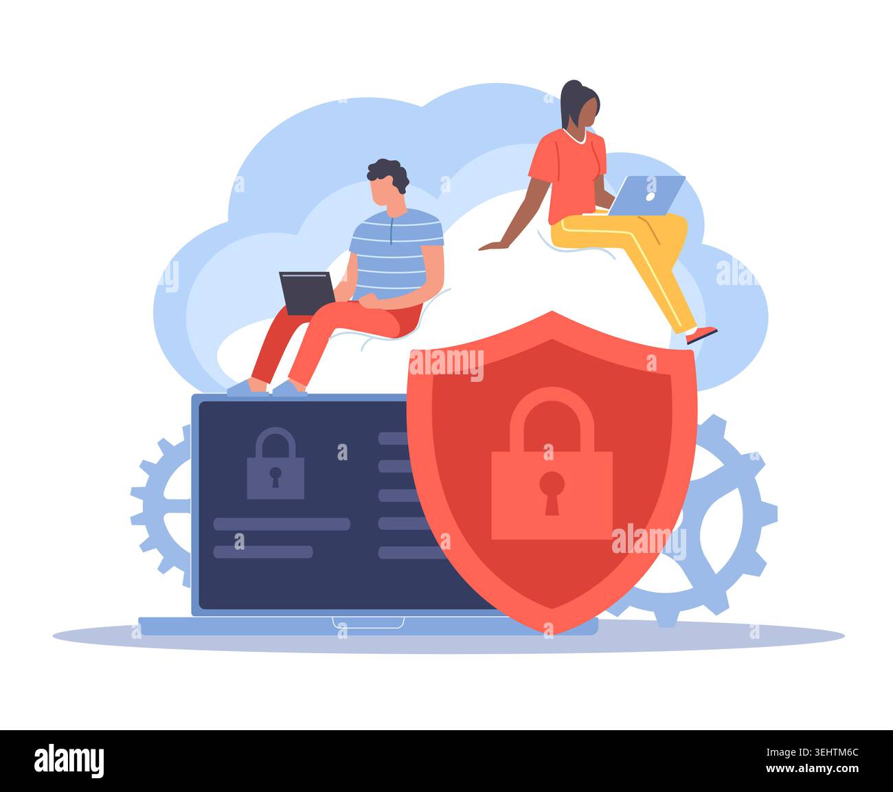 Cloud storage. Online database access, backup server, file protection, users with laptops, cybersecurity protection with shield and padlock, data Stock Vector