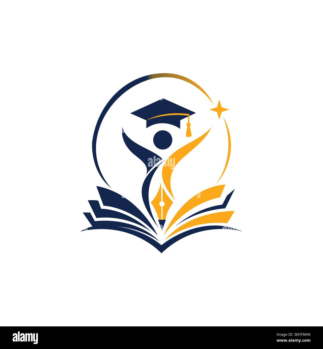 Modern logo featuring student inside circle with pen and book. Stock Vector