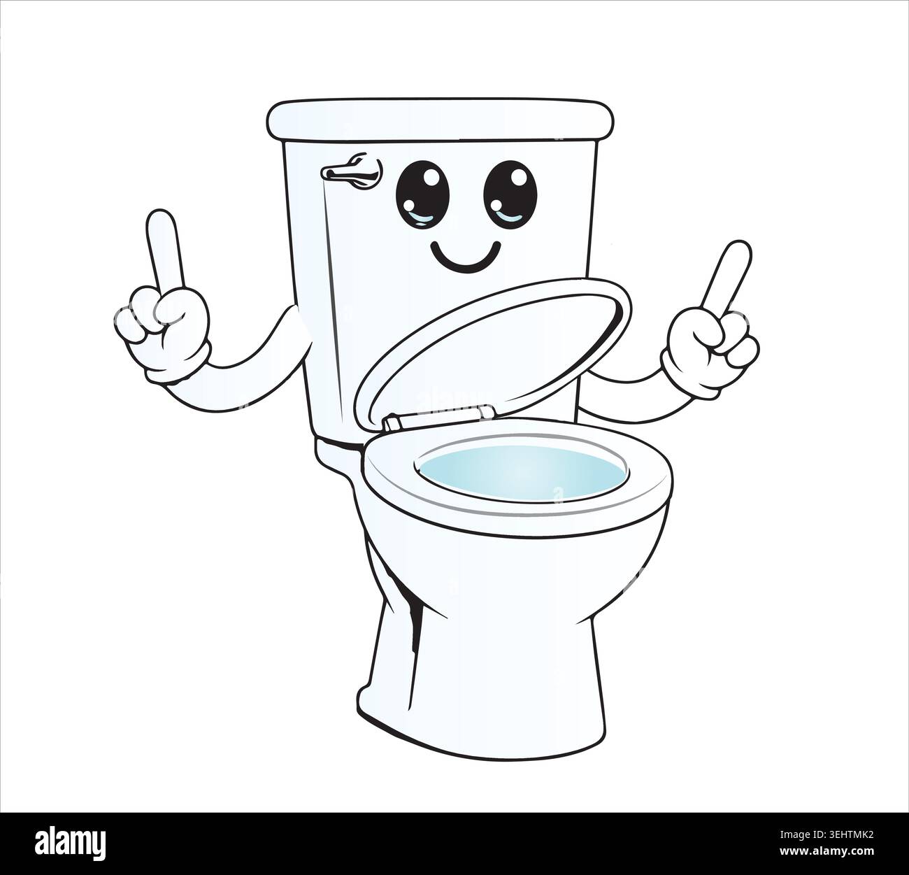A cute cartoon toilet mascot character with a smiling face, big eyes, and hands pointing upward, perfect for plumbing and bathroom design themes. Stock Vector