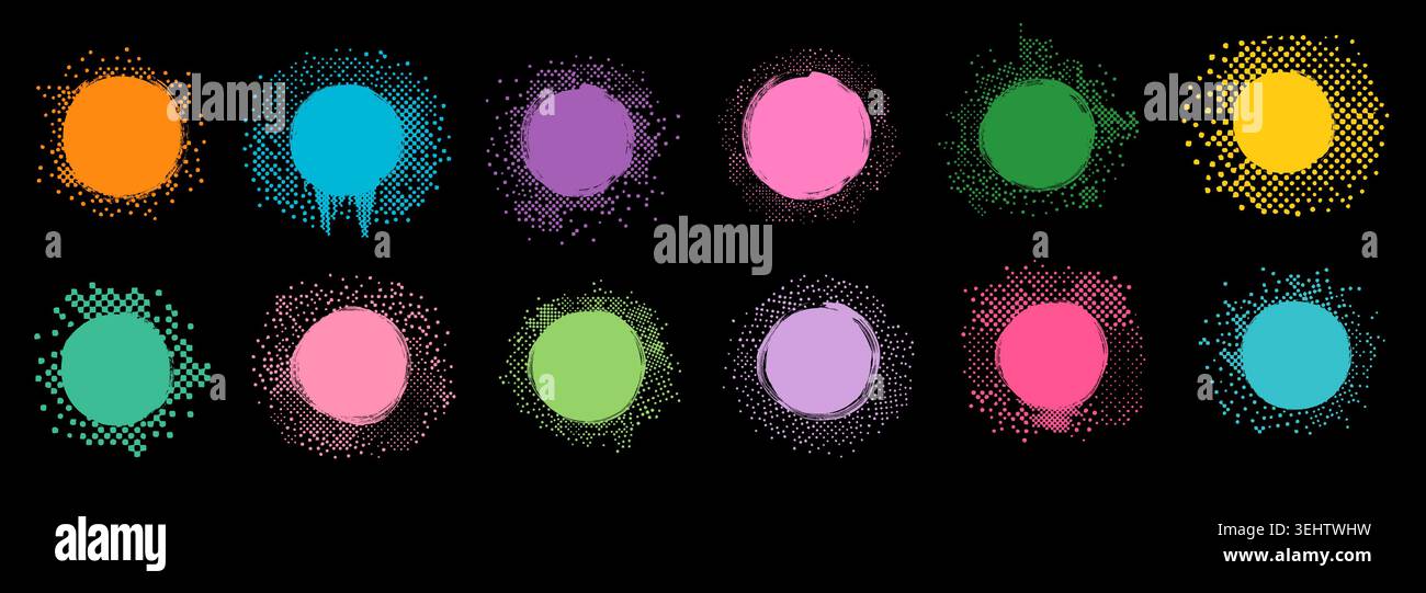 Colorful round vector shapes with halftone effect dots, abstract dissolving circle graphic design elements, frames and borders Stock Vector
