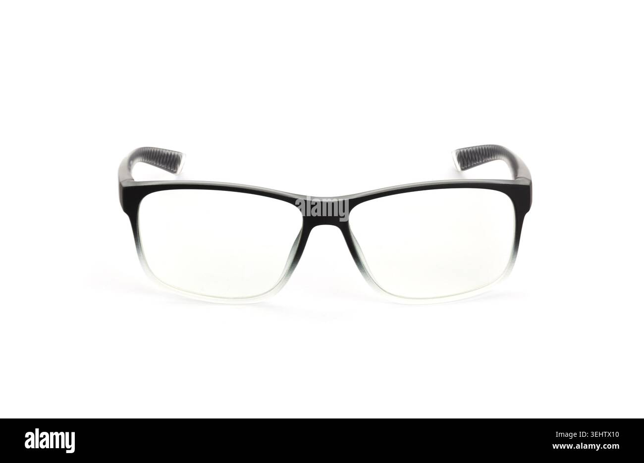 Eyeglasses with black to transparent gradient frames on a clean white background Stock Photo