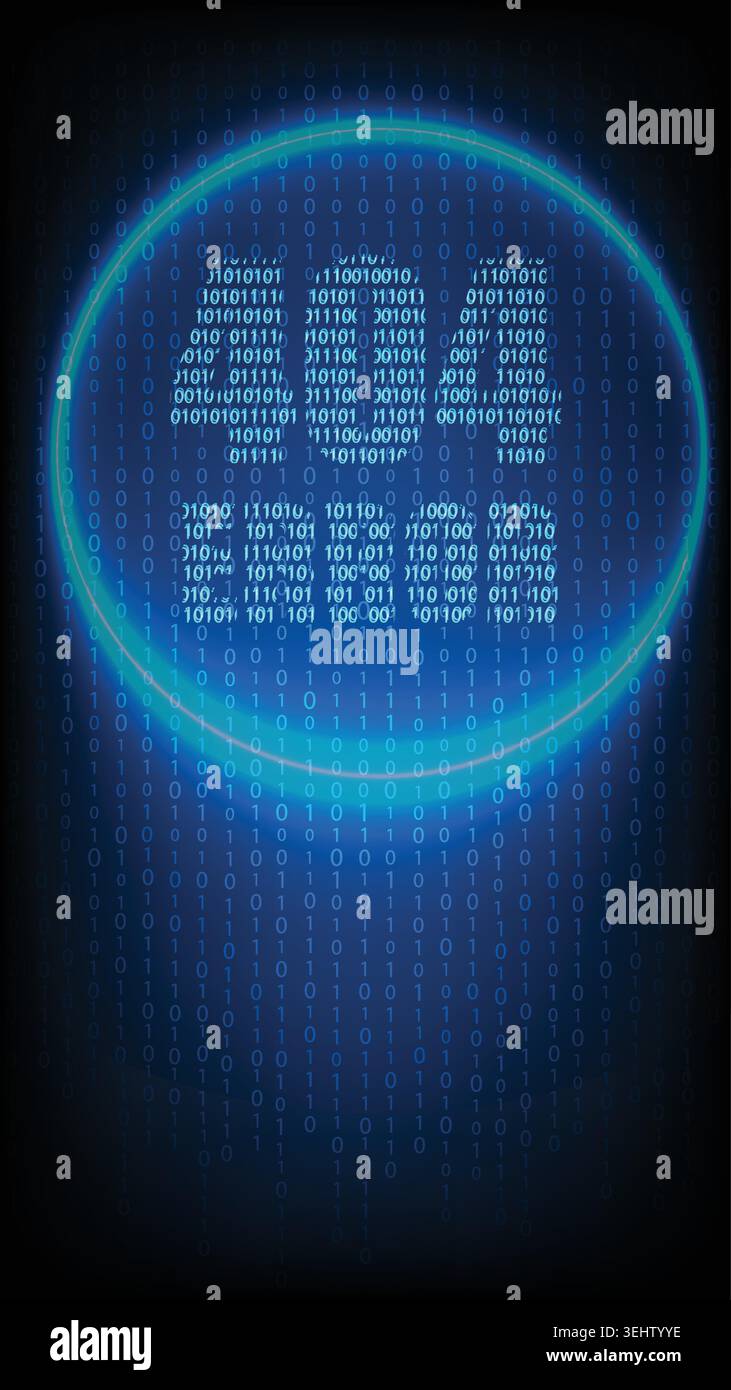 Abstract technology background featuring a bright neon circle and 404 error code formed by binary data Stock Vector