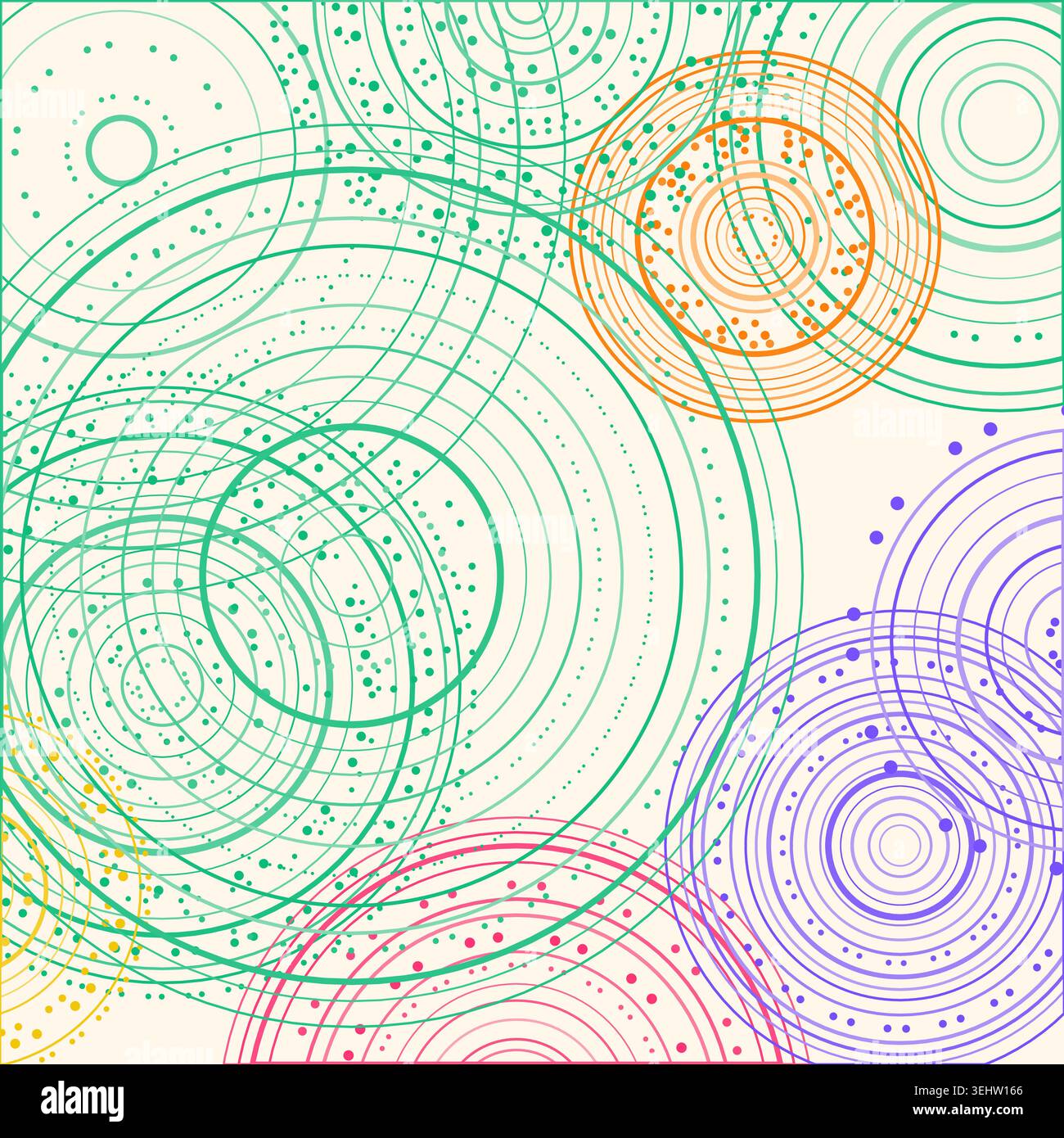 Abstract background made from overlapping concentric circle groups with subtle flattened transparency colors Stock Vector