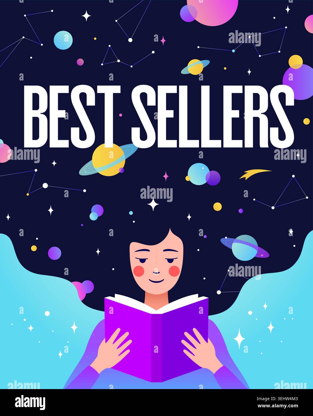 Book, Imagination, Dreams. Girl reading Stock Vector