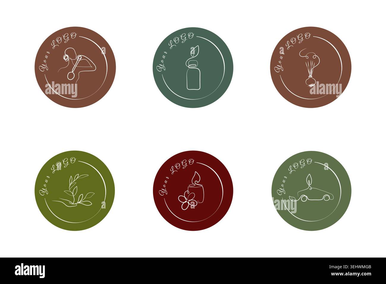 Six distinct circular logos are displayed on a white surface. Each design features simple white line art within a solid colored circle. Stock Vector