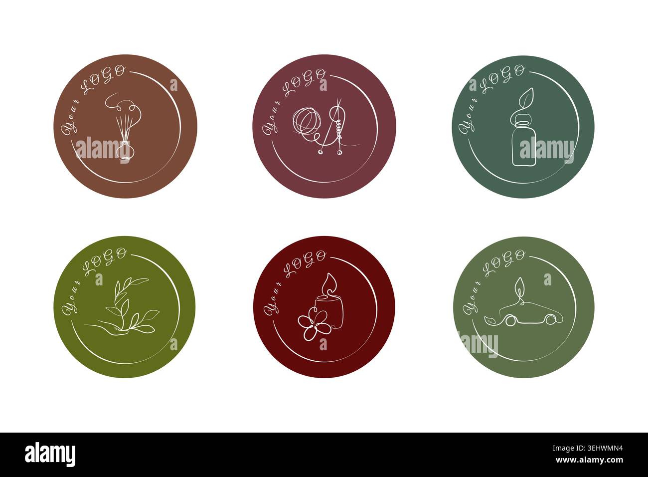 Six unique circular logos appear on a plain white backdrop. Stock Vector