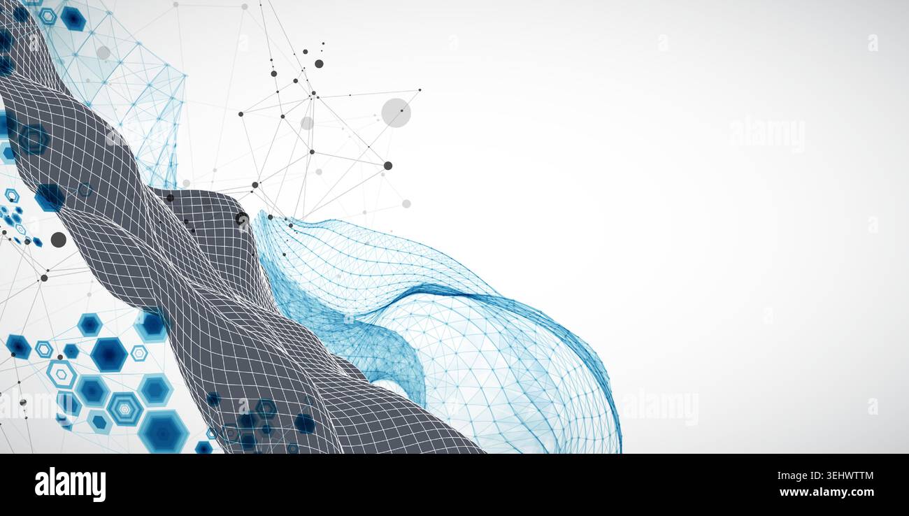 Grid geometric landscape with plexus particles and hexagonal elements. Vector template for tech banner or science presentation. Stock Vector