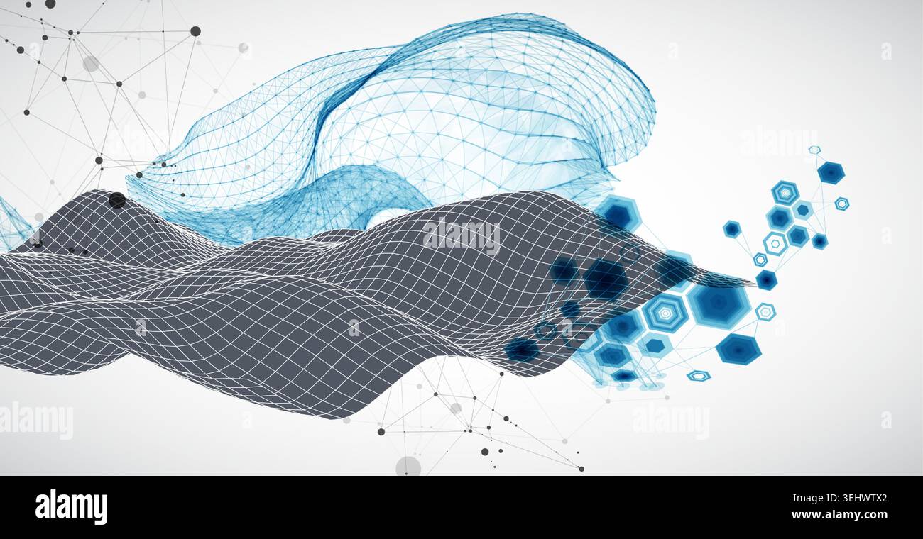 Grid geometric landscape with plexus particles and hexagonal elements. Vector template for tech banner or science presentation. Stock Vector