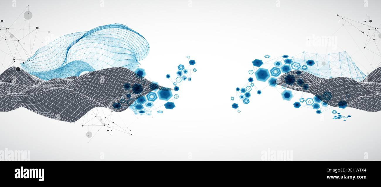 Grid geometric landscape with plexus particles and hexagonal elements. Vector template for tech banner or science presentation. Stock Vector