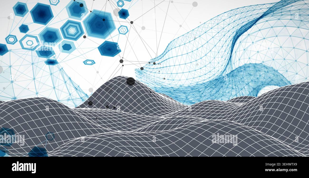 Grid geometric landscape with plexus particles and hexagonal elements. Vector template for tech banner or science presentation. Stock Vector